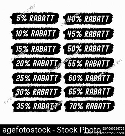Hand sketched word RABATT in German. Translated Discount. Hand sketched sale tags set 5 off, 10, 20, 30, 40, 50, 60, 70 percent label