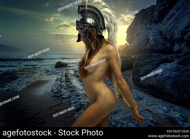 Roman warrior with helmet of feathers and horse mane. She is wearing a red dragon scales, fantasy pose