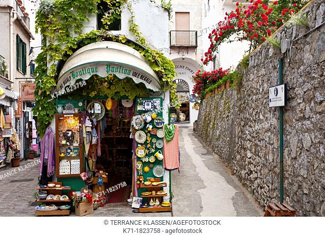 A street and shops in Ravello, Italy