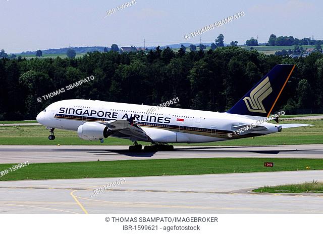 Airbus 380 from Singapore Airlines during take-off, Zurich Airport, Switzerland, Europe