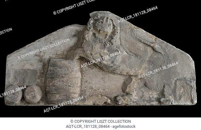 Facade stone with lion with front legs on standing barrel, facing brick fragment sculpture footage building component sandstone stone, approx