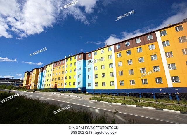 Russia , Chukotka autonomous district , Anadyr , headtown of the district , buildings painted or decorated with color pictures