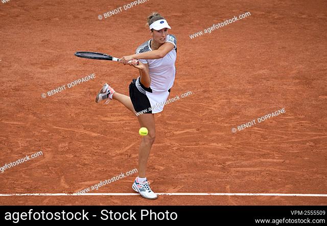 Belgian Elise Mertens pictured in action during a tennis match against Estonian Kanepi in the women's singles second round at the Roland Garros French Open...