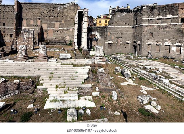 Podium of the Temple of Mars in the Forum of Augustus. The Forum was built to celebrate Augustus's victory over Julius Caesar's assassins, Brutus and Cassius