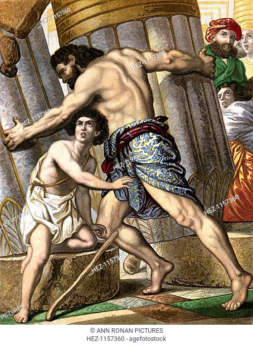Samson pulling down the Temple of Dagon, god of the Philistines, mid 19th century. The Israelite hero Samson, having been betrayed by Delilah and taken prisoner...
