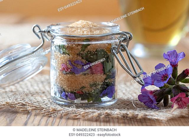 Preparation of homemade syrup against cough from fresh lungwort flowers and cane sugar