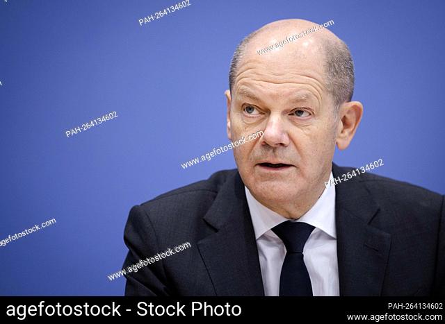 Executive Federal Minister of Finance Olaf Scholz recorded during a press conference on tax assessment in the federal press conference in Berlin, 11