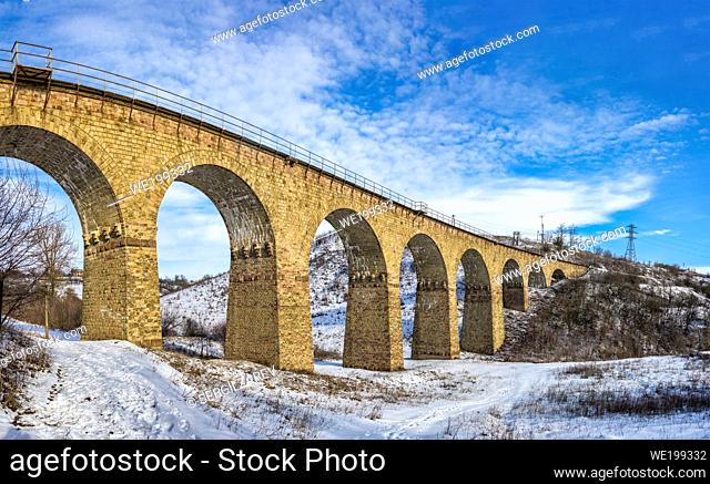 Plebanivka, Ukraine 01. 06. 2020. Viaduct in Plebanivka village, Terebovlyanskiy district of Ukraine, on a sunny winter day