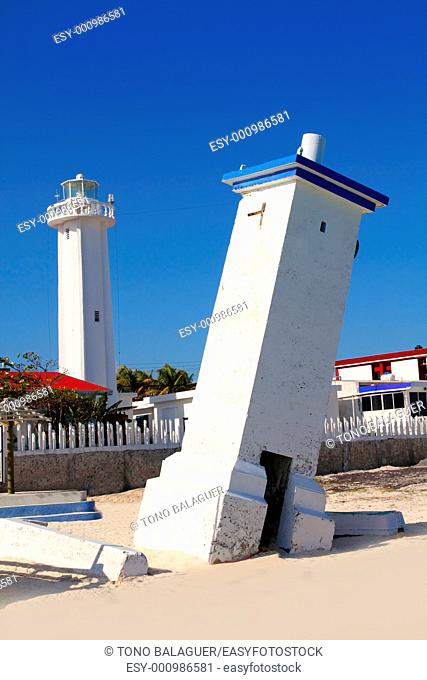 Lighthouse new and old inclined Puerto Morelos Mayan Riviera Mexico
