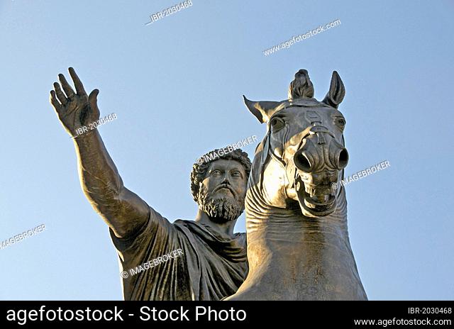Equestrain statue of Emperor Marcus Aurelius in Piazza del Campidoglio, Capitoline Hill, Rome, Italy, Europe
