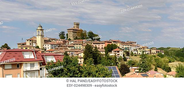 village on the hilltop at Trisobbio and ancient castle , Piedmont , shot in bright late summer light
