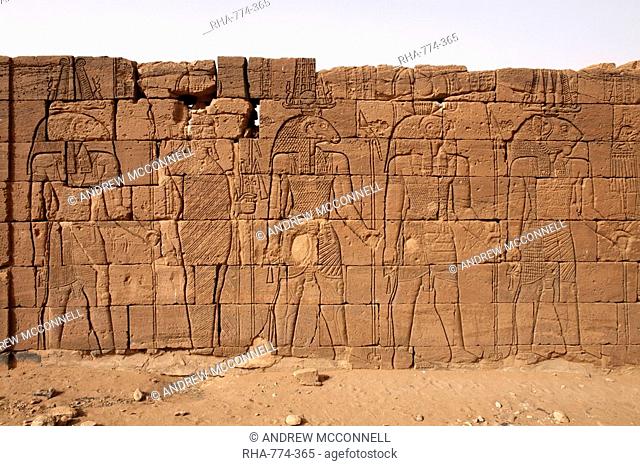 The Lion Temple, one of the Meroitic temples of Naqa, the carved reliefs depict King Natakamani in the company of gods Horus and Apedemak, Naqa, Sudan, Africa