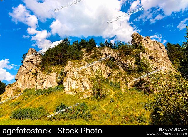 Grupa Zabiego Konia limestone rock massif with Mnich and Zabi Kon rock in Kobylanska Valley within Jura Krakowsko-Czestochowska upland near Cracow in Lesser...
