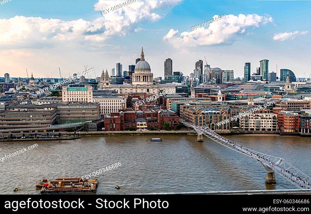 panoramic Aerial view of London St Paul's Cathedral with London Millennium Bridge in London England UK