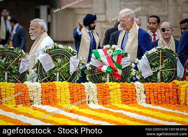 10 September 2023, India, Neu Delhi: Narendra Modi (l-r), Prime Minister of India, U.S. President Joe Biden, and German Chancellor Olaf Scholz (SPD) arrive at...