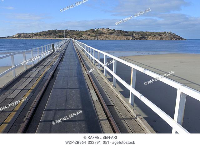 Landscape view of the Causeway leading to Granite Island from Victor Harbor town in South Australia State, Australia