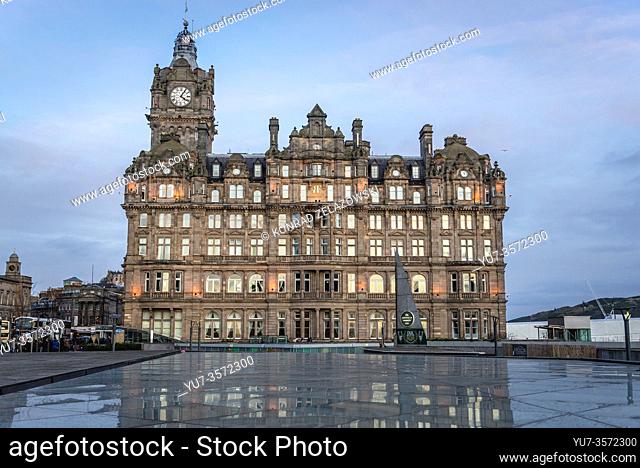 Balmoral Hotel at Princes Street in Edinburgh, the capital of Scotland, part of United Kingdom, view from the roof of Waverley Mall
