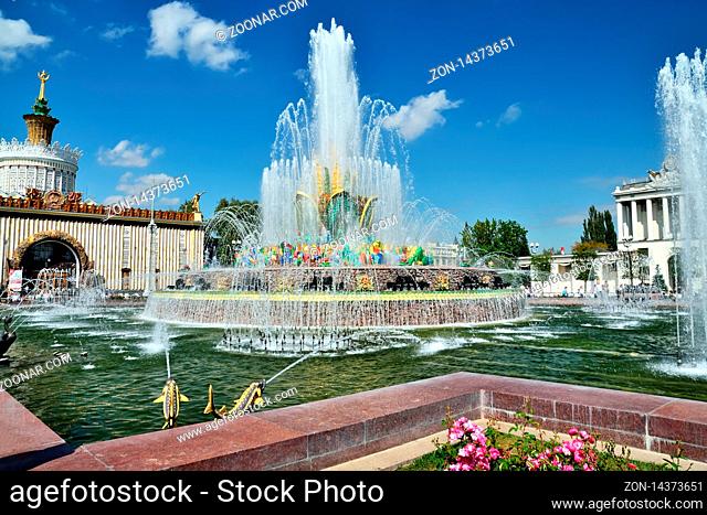 MOSCOW, RUSSIA - AUGUST 12, 2019: Fountain Stone Flower at VDNKh in Moscow. VDNKh, All Russian Exhibition Center, Exhibition of Achievements of National Economy