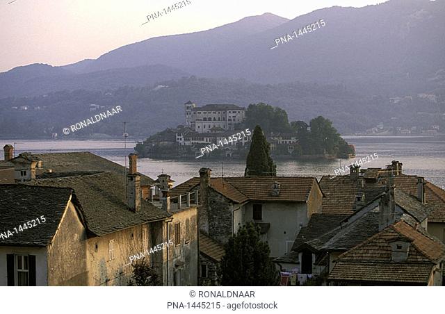 Isla San Giulio in the Lago d'Orta, a lake in Piedmont, Northern Italy, seen from the town of Orta