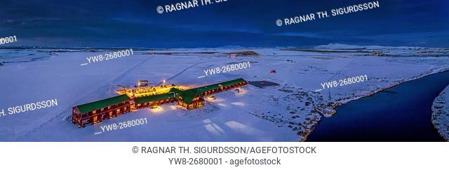 Aerial view of Hotel Ranga in the winter, Iceland. This image is shot using a drone