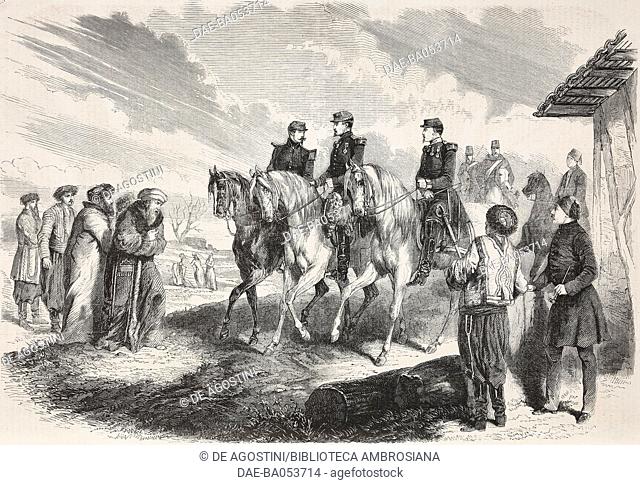 General Adolphe Niel, being received by the effendi of Baga, in the Baidar valley, Crimean war, from a drawing by Dugravier, illustration from L'Illustration