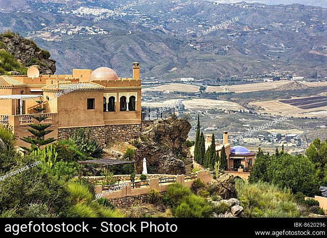 Luxury holiday home on the hillside, Moorish style with terrace, garden and domes, view from above, Cortijo Cabrera, Sierra Cabrera, Almeria, Andalucia