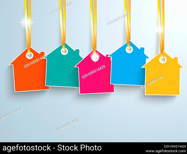 White house price sticker with golden ribbons on the gray background. Eps 10 vector file