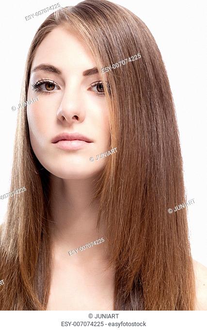 beautiful bruntte woman with straight long hair isolated on white background