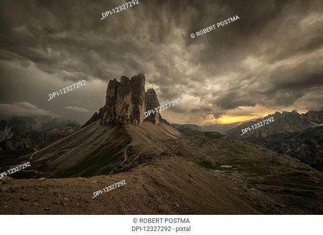 A large thunderstorm looms over Tre Cime in Natural Park Tre Cime in the Italian Dolomites; Cortina, Italy