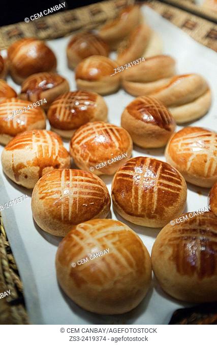 Close-up shot Turkish pogaca, Turkish pastry filled with cheese, potato or mince, Taksim, Istanbul, Turkey, Europe