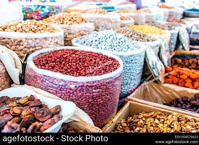 Dried food products sold at the Siab Bazaar in Samarkand, Uzbekistan