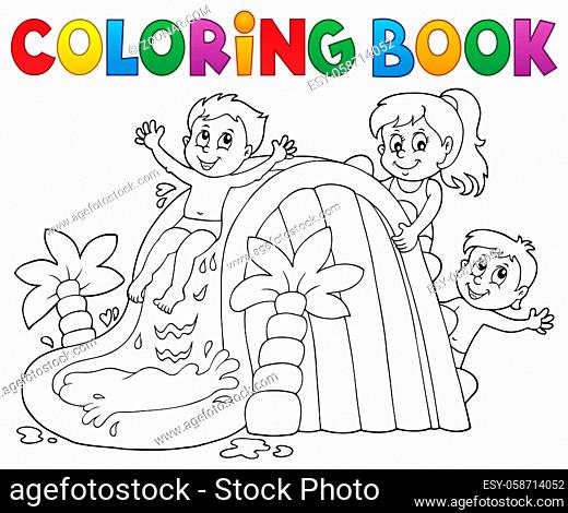 Coloring book kids on water slide 1 - picture illustration