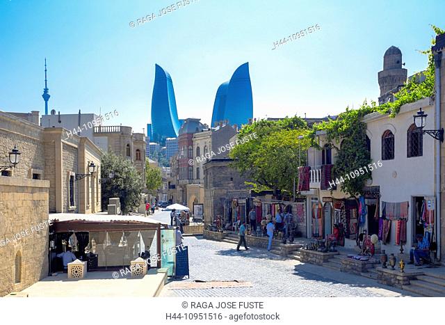 world heritage, Azerbaijan, Caucasus, Eurasia, Baku, City, Flame, Old Baku, architecture, shops, skyline, street, tourists, towers, travel, unesco, Flame Towers
