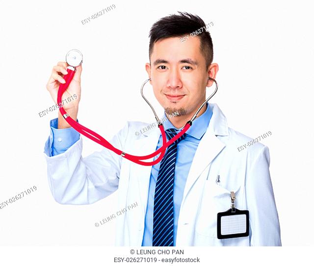 Male doctor hold up with stethoscope