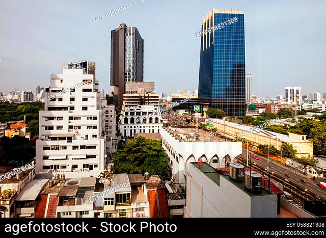 Bangkok, Thailand - April 25 2018: Skyscraper view across Silom district with late afternoon light in Bangkok, Thailand