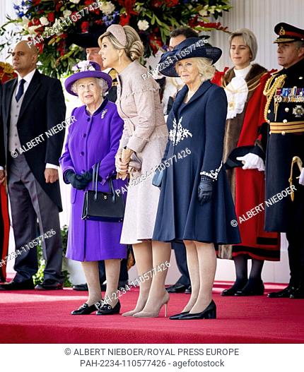 Queen Elizabeth and Prince Charles, King Willem-Alexander and Queen Maxima of The Netherlands and Camilla, Duchess of Cornwall at the Horse Guards Parade in...