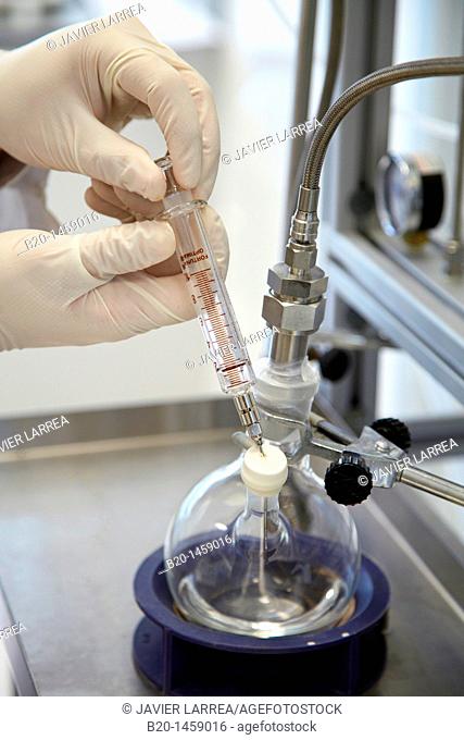 Dry distillation to produce dry solvents, synthesis lab, IkerChem research lab, design and synthesis of new chemical entities with therapeutic applications in...