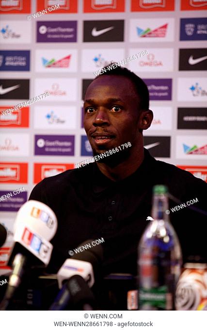 Usain Bolt of Jamaica attending a press conference ahead of the Muller Anniversary Games at the Olympic Stadium, Queen Elizabeth Olympic Park, London