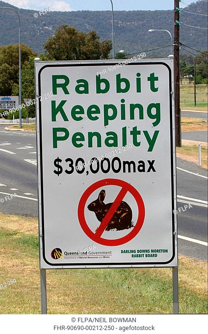 Rabbit prohibition sign, banning the keeping of rabbits, on border from New South Wales, Wallangarra, Queensland, Australia