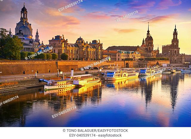 Dresden skyline reflecion in Elbe river at sunset in Saxony of Germany