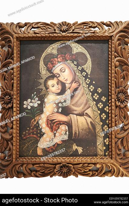 Ancient painting representing the Virgin with child in her arms in the museum of the convent of San Francisco, Santo Domingo de la Calzada, La Rioja, Spain