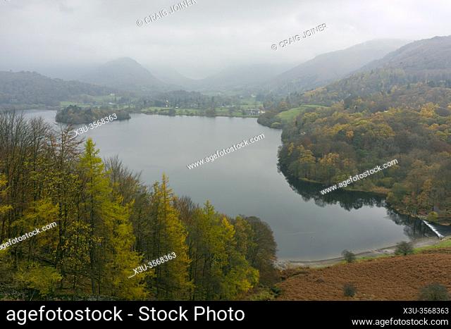 Grasmere lake from Loughrigg Terrace on a misty autumn day in the Lake District National Park, Cumbria, England