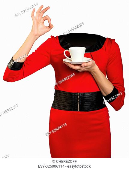 Woman body without head holding coffee cup on isolated background