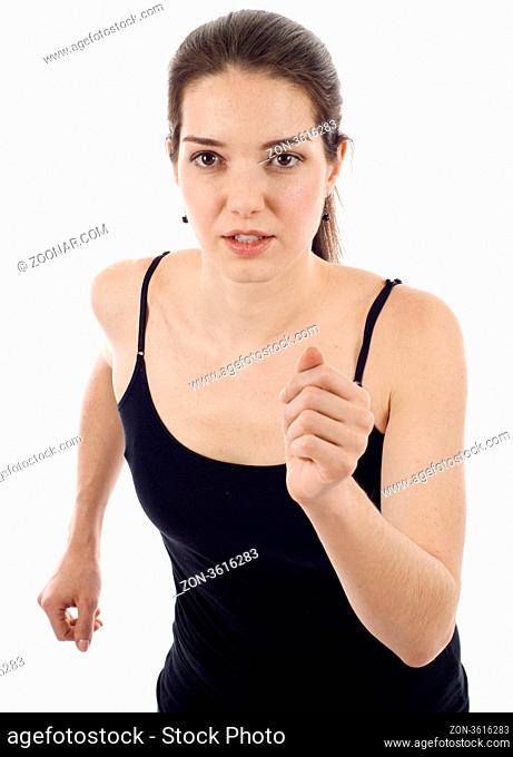 Attractive woman running over white background