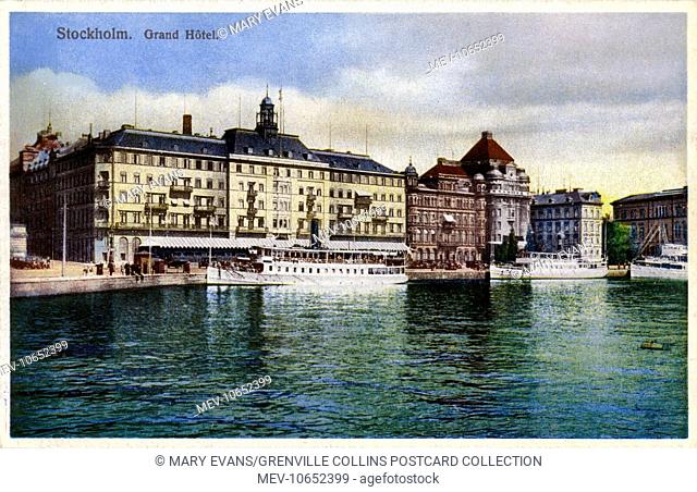 Grand Hotel, Stockholm, Sweden. Founded by Frenchman Jean-Francois Regis Cadier in 1872 and opened on 14th June 1874. The Steam ferry (pictured centre) runs the...