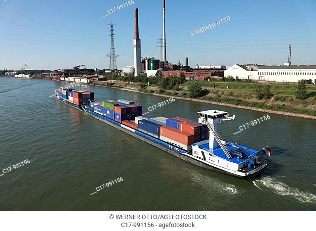 Germany, Duisburg, Rhine, Lower Rhine, Ruhr area, North Rhine-Westphalia, economy, inland navigation, cargo ship on the Rhine, container vessel
