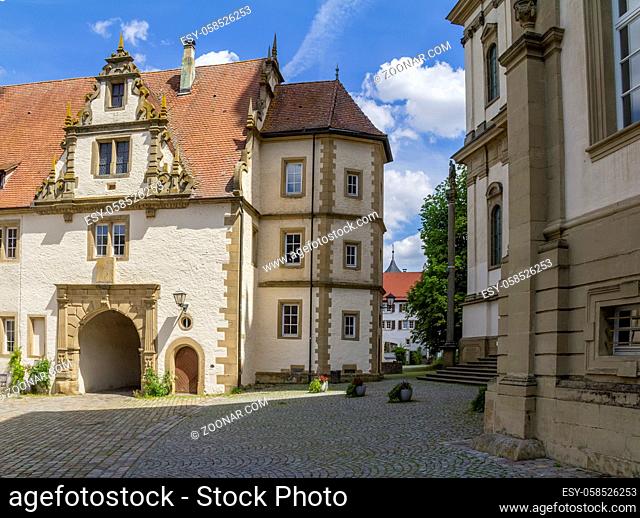 scenery around the Schoental Abbey located in Hohenlohe, a area in Southern Germany at summer time