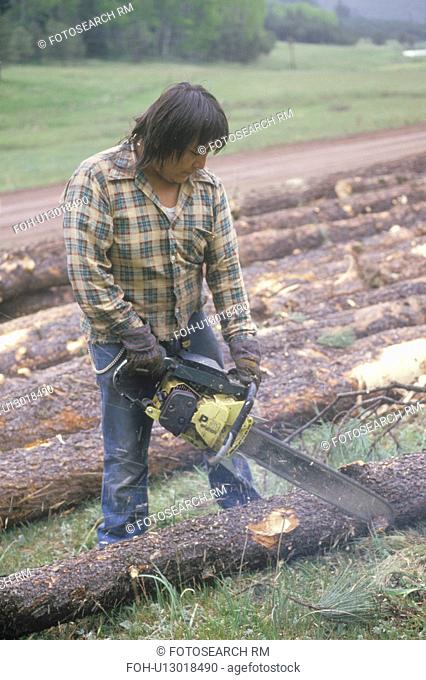 A logger cutting a felled log with a chainsaw