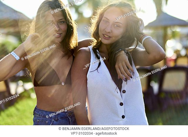 women in bikini at holiday resort, togetherness, best friends enjoying summer