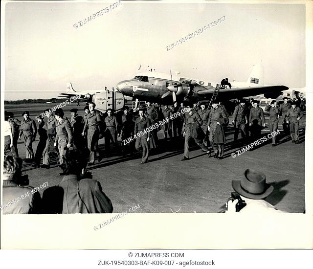 Mar. 03, 1954 - Survivors of The 'Empire Windrush' Disaster Arrive. Walking From the Aircraft At Blackbushe. Keystone Photo Shows:- The scene at Blackbushe this...